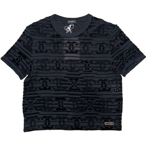 Chanel 21C Black Flocked Velvet CC Logo Top Short Sleeve Tee T Shirt S Small - Picture 1 of 16